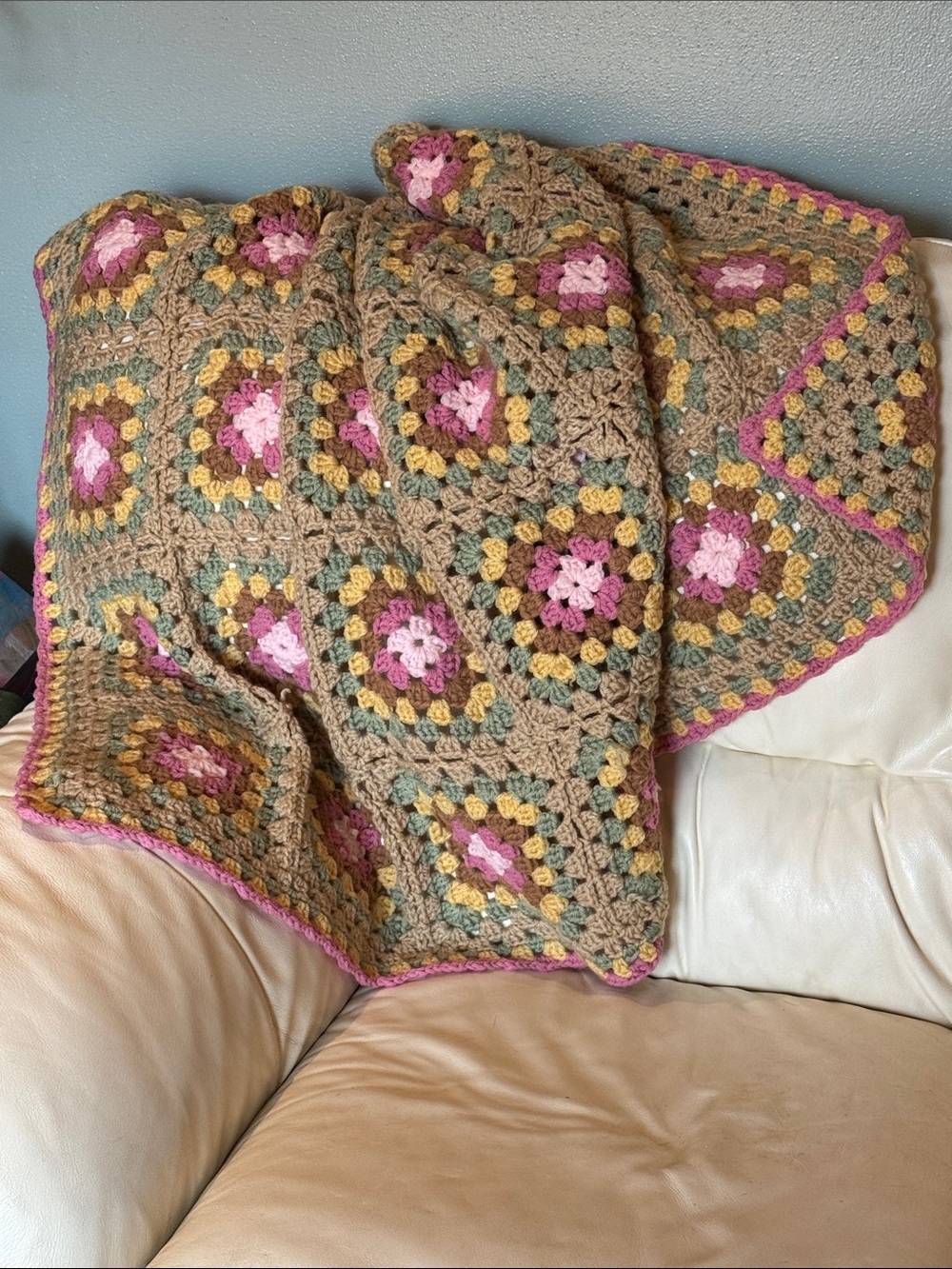 Handmade Blanket-Crocheted Granny Square-Pink/Brown/Green/Yellow-Gently Used - Picture 10 of 17